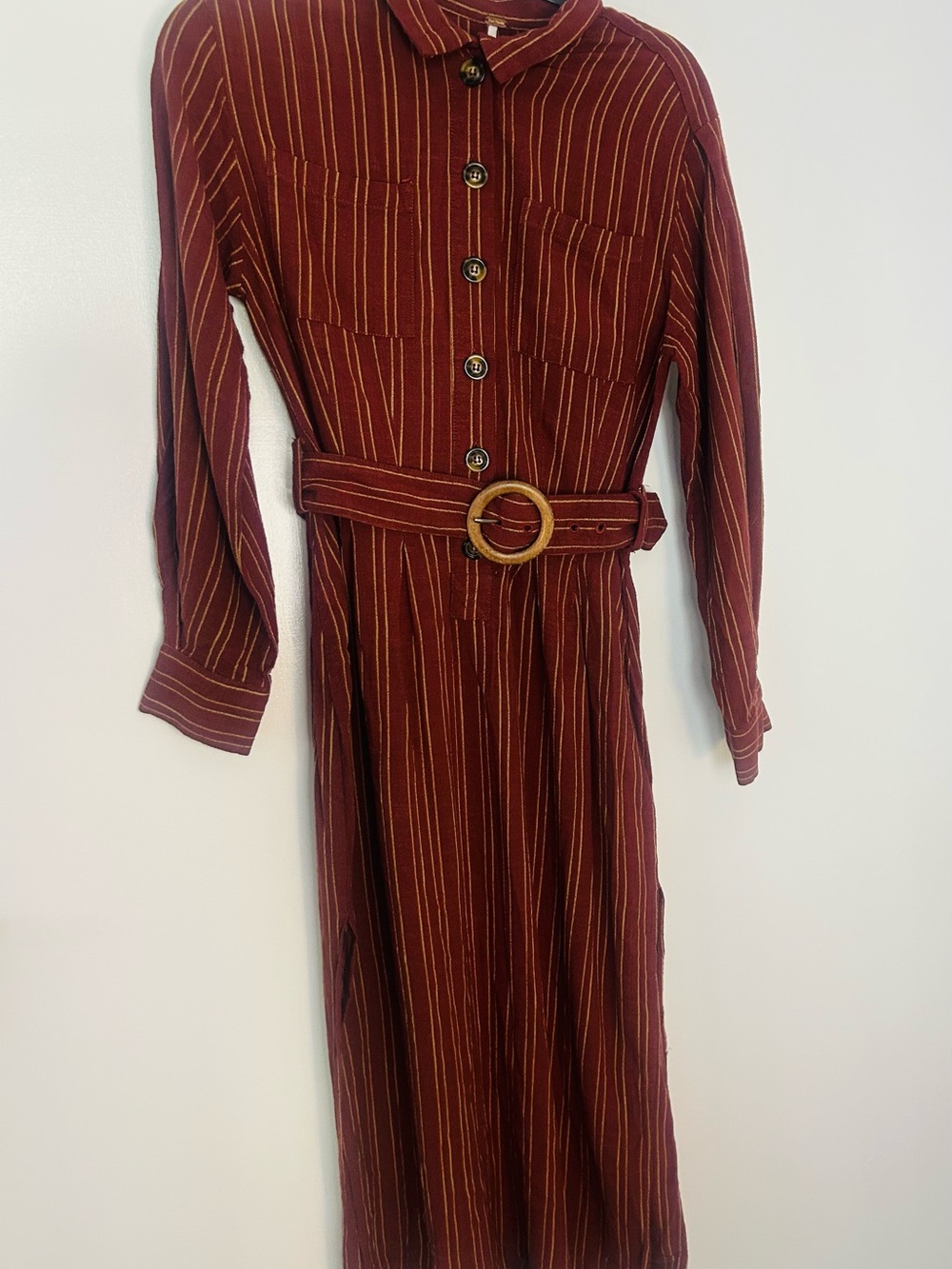 Free People Rust Red Striped Long-Sleeve Shirt Dress with Belt & two leg slit XS